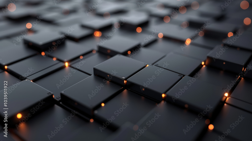 Obraz premium mesmerizing abstract tech grid featuring glowing nodes and interconnected elements, creating dynamic visual experience. arrangement of dark squares with illuminated accents evokes sense of depth and