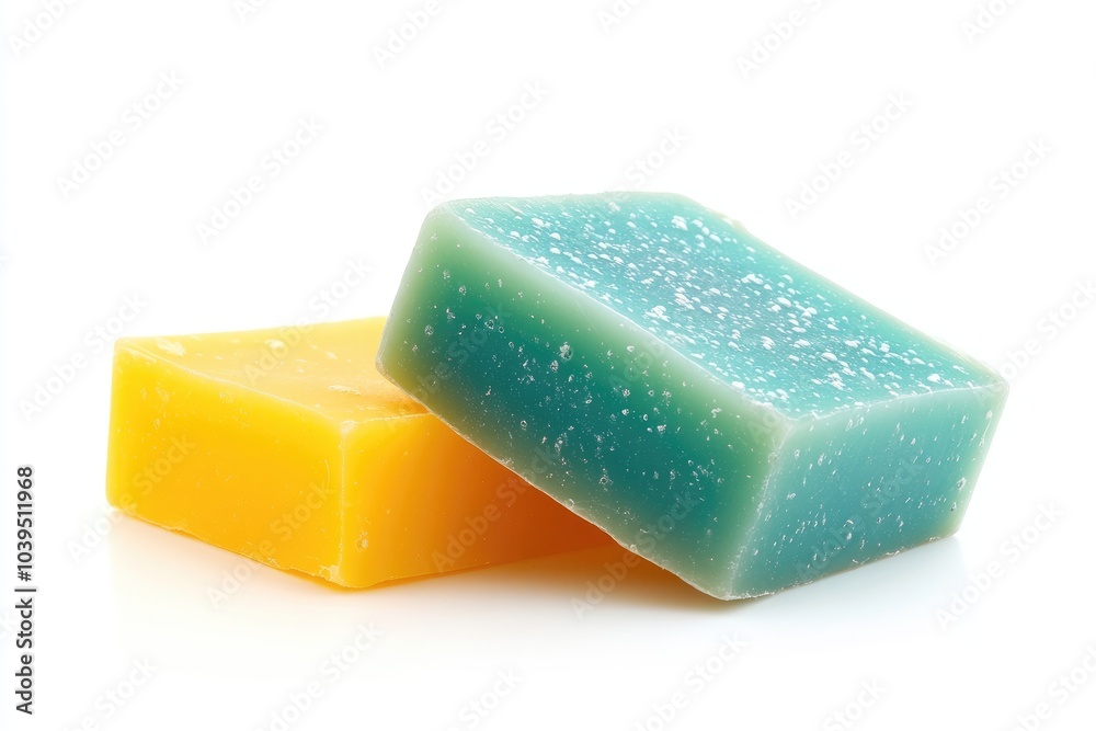 Yellow and Green Bars of Soap on a White Surface Yellow and Green Bars of Soap on a White Surface