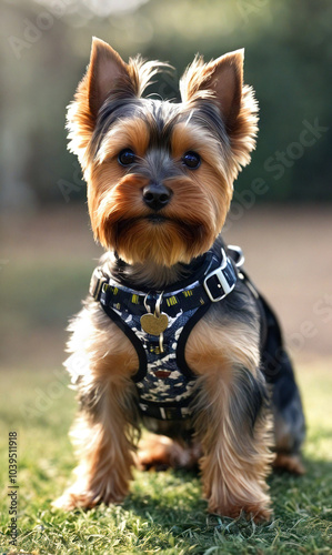 Dogs. Yorkshire Terrier. Dog in a beautiful harness, collar.