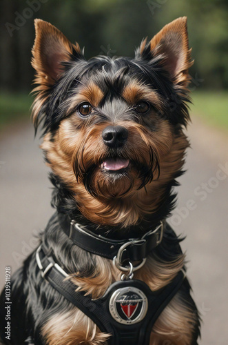 Dogs. Yorkshire Terrier. Dog in a beautiful harness, collar.