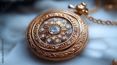 Ornate gold locket with antique filigree patterns resting delicately on a sleek white surface capturing the elegance and refinement of vintage craftsmanship