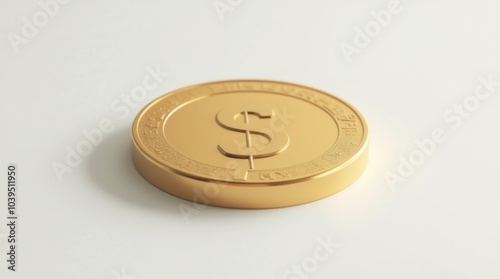 A shiny gold coin placed on a clean white surface, casting a soft shadow that adds depth and dimension, symbolizing wealth and prosperity with its radiant metallic sheen.