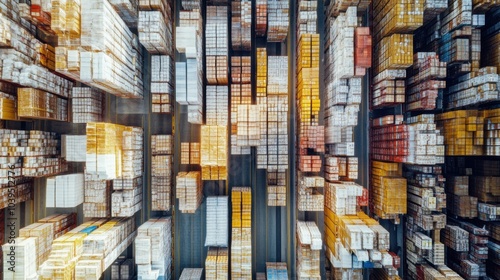 A bustling storage depot teeming with crates and boxes, symbolizing the flow of goods in modern economies, photography style