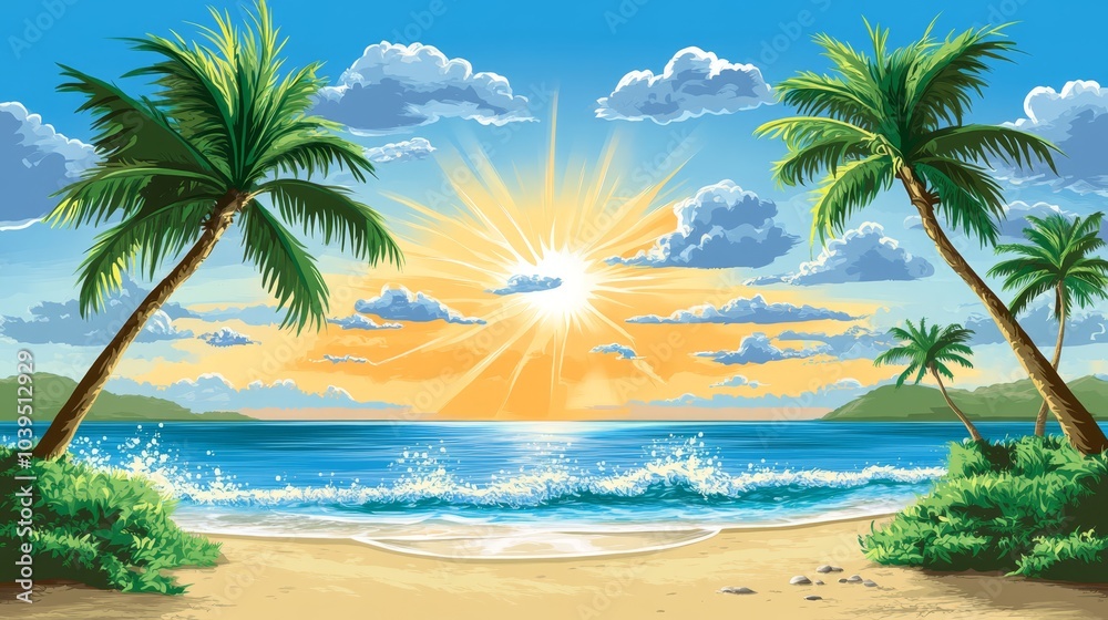 Fototapeta premium palm trees line sun-kissed shore, sun rises over ocean