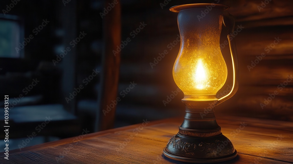 An old oil lamp with a warm glow on a wooden background An old oil lamp with a warm glow on a wooden background
