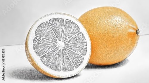  A grapefruit drawing and its halved counterpart on a white and gray backdrop