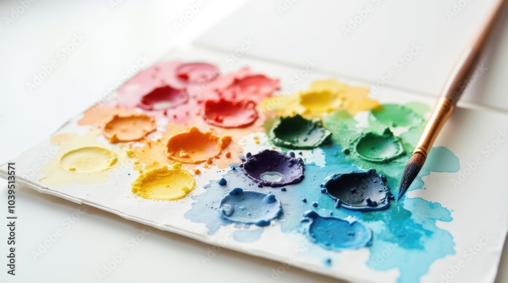 An artist's watercolor palette filled with vibrant, bold colors, arranged in neat rows. A single paintbrush rests beside the palette, its bristles slightly stained, ready to create vivid works of art. An artist's watercolor palette filled with vibrant, bold colors, arranged in neat rows. A single paintbrush rests beside the palette, its bristles slightly stained, ready to create vivid works of art.