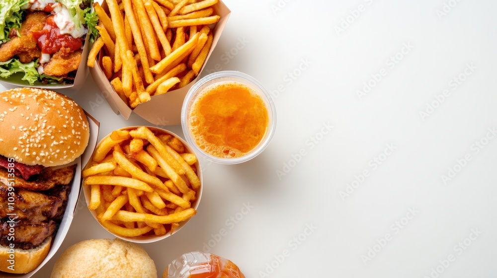 Delicious fast food meal with burger, fries, and drink