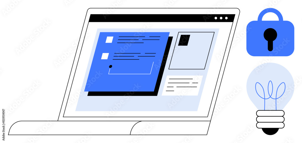 Open laptop displaying a document with security lock and light bulb. Ideal for online security, data protection, digital innovation, technology, and cyber awareness. Flat vector style Open laptop displaying a document with security lock and light bulb. Ideal for online security, data protection, digital innovation, technology, and cyber awareness. Flat vector style