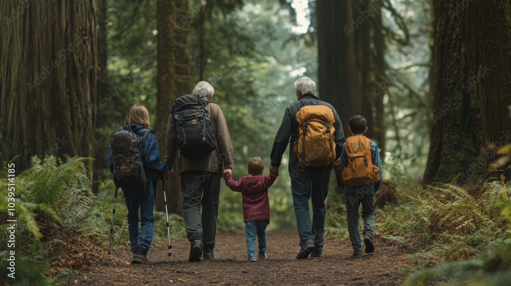 Multigenerational Family Hiking in Forest Together Multigenerational Family Hiking in Forest Together