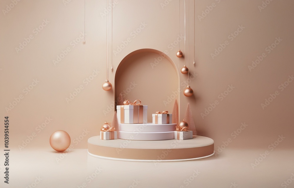 A three-tiered circular platform decorated with gift boxes, ornaments, and a festive archway. A three-tiered circular platform decorated with gift boxes, ornaments, and a festive archway.