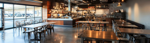 Modern bistro with open kitchen and industrial design, featuring metal tables and spacious layout. inviting atmosphere is perfect for dining and socializing photo