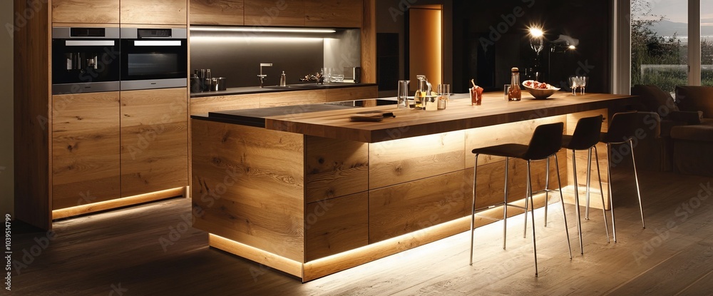 Modern kitchen island with wood cabinets and under-cabinet lighting. Modern kitchen island with wood cabinets and under-cabinet lighting.
