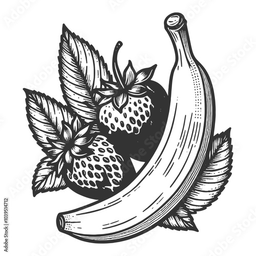 banana and strawberries with leaves, emphasizing freshness and natural beauty in detailed composition sketch engraving generative ai vector illustration. Scratch board imitation. Black and white image