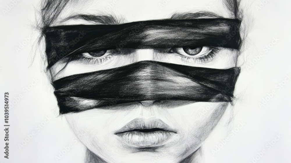Obraz premium A monochrome depiction of a woman's visage with cloth-draped blindfolds concealing her eyes