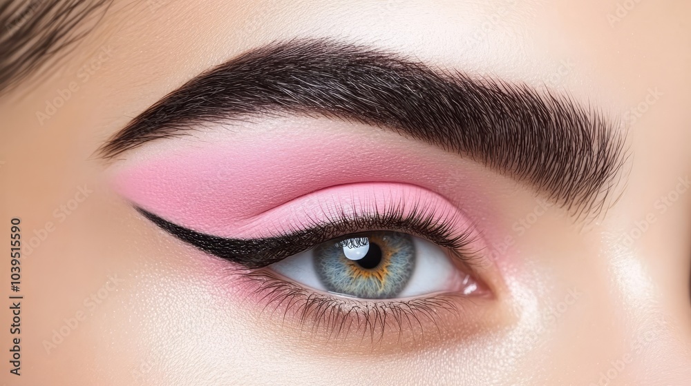 Obraz premium A tight shot of a woman's eye adorned with pink and black eyeliner, and pink and golden eyeliner