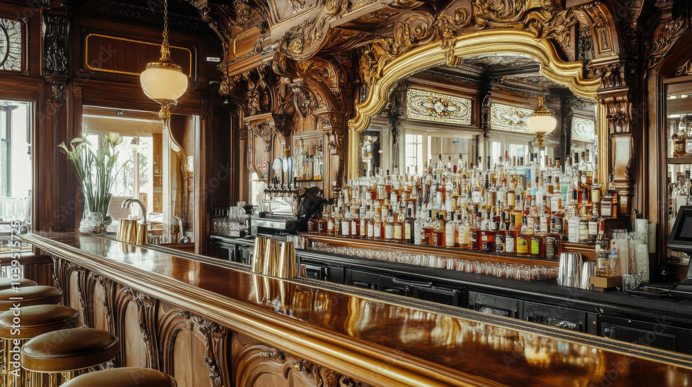Obraz premium Elegant bar interior featuring polished wood and intricate gold accents, showcasing wide selection of spirits. warm ambiance invites relaxation and enjoyment