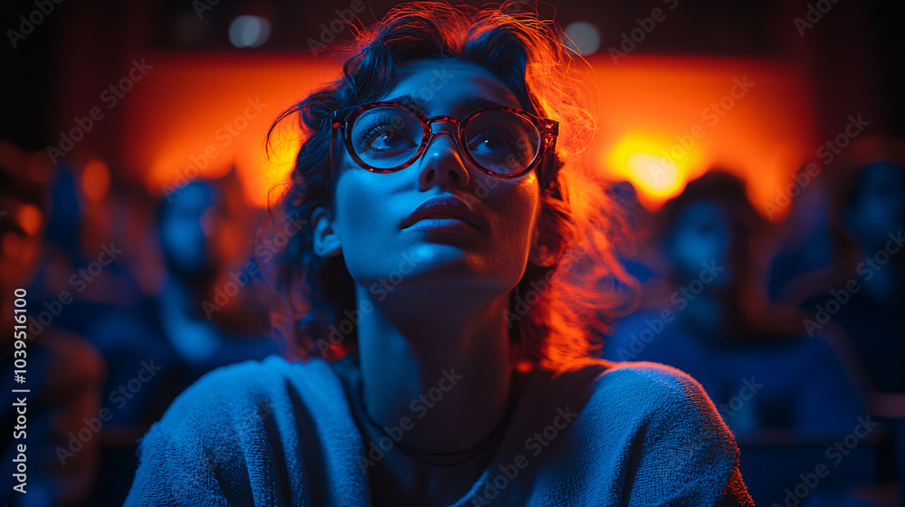 A woman with glasses illuminated by blue and orange lighting in a cinema setting, gazing upward with awe, surrounded by the atmosphere of a theater A woman with glasses illuminated by blue and orange lighting in a cinema setting, gazing upward with awe, surrounded by the atmosphere of a theater