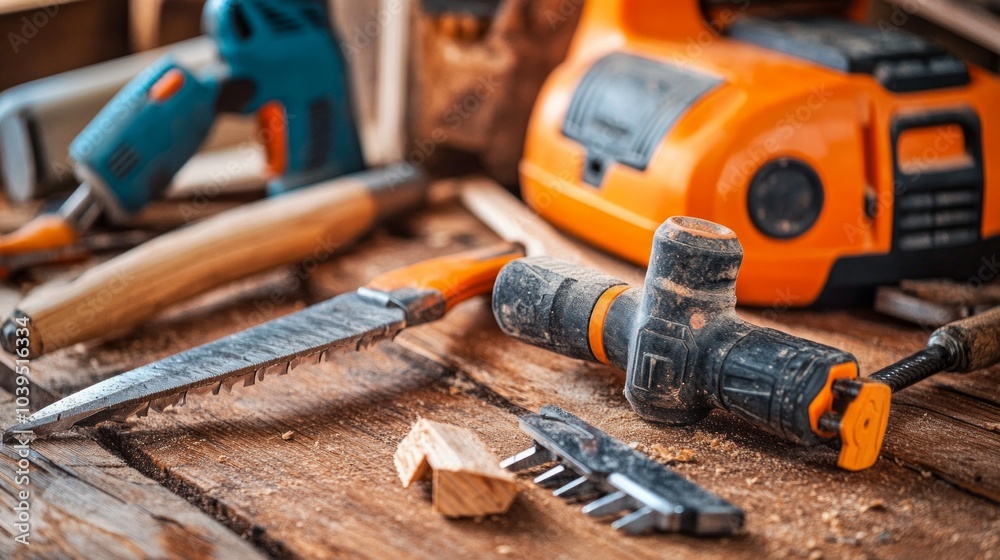 Close-up of construction tools like hammers, saws, and drills, emphasizing craftsmanship and tools of the trade. Close-up of construction tools like hammers, saws, and drills, emphasizing craftsmanship and tools of the trade.