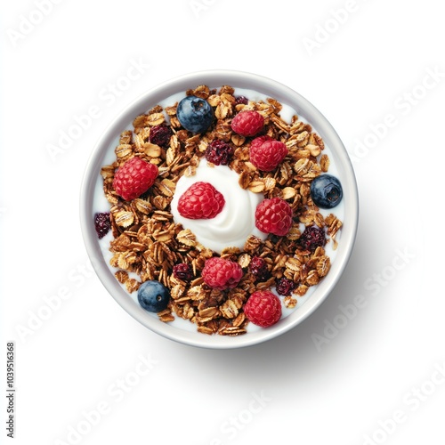 A bowl of yogurt topped with granola, raspberries, and blueberries, showcasing a healthy snack.