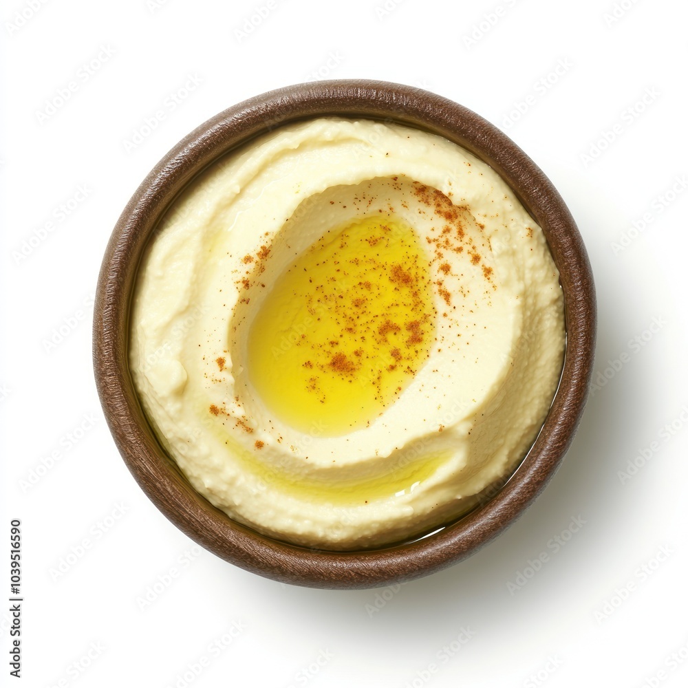 A bowl of hummus topped with olive oil and spices, perfect for dipping or spreading. A bowl of hummus topped with olive oil and spices, perfect for dipping or spreading.