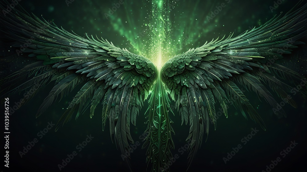 Obraz premium a green angel with a halo of lights on the left side. 