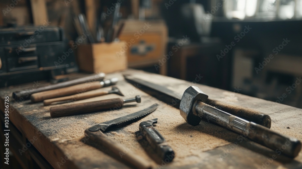 Close-up of construction tools like hammers, saws, and drills, emphasizing craftsmanship and tools of the trade. Close-up of construction tools like hammers, saws, and drills, emphasizing craftsmanship and tools of the trade.