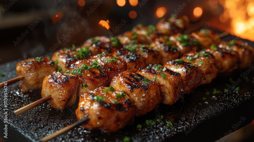 Deliciously Prepared Roasted Chicken Skewers Perfectly Arranged on a Black Textured Board for a Tempting Presentation Deliciously Prepared Roasted Chicken Skewers Perfectly Arranged on a Black Textured Board for a Tempting Presentation