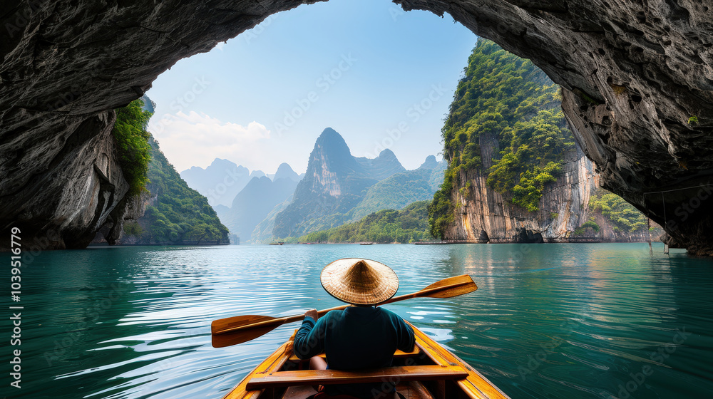 serene scene of adventurer navigating through stunning cave, surrounded by majestic mountains and tranquil waters. beauty of nature is truly captivating serene scene of adventurer navigating through stunning cave, surrounded by majestic mountains and tranquil waters. beauty of nature is truly captivating