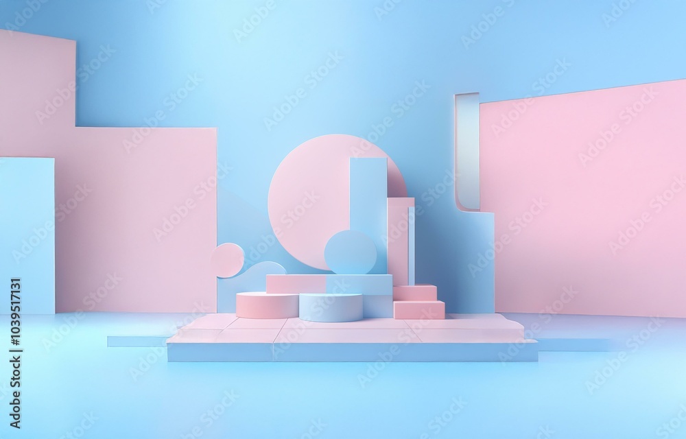 Pastel pink and blue geometric shapes create a minimalist display platform. Pastel pink and blue geometric shapes create a minimalist display platform.