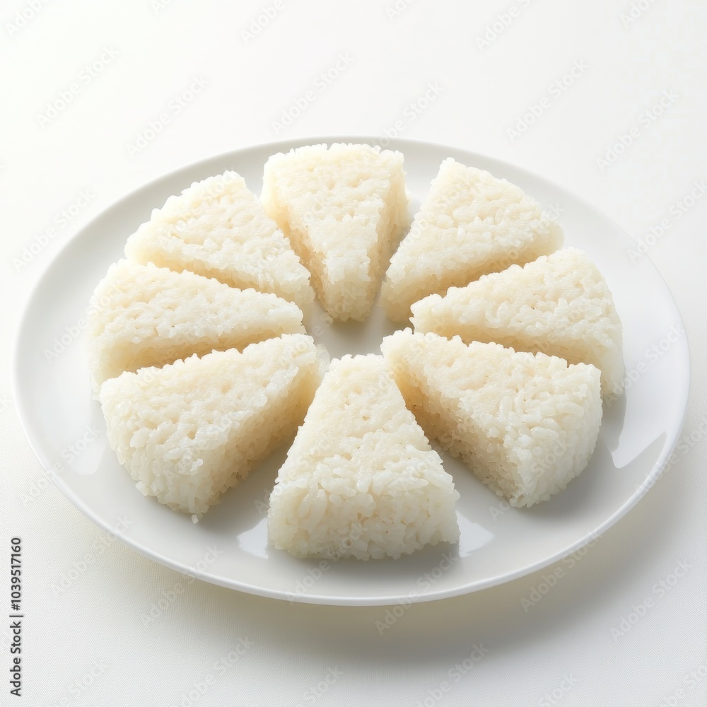 A plate of triangular rice servings arranged in a circular pattern. A plate of triangular rice servings arranged in a circular pattern.