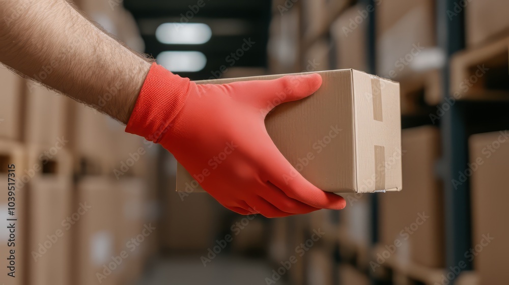 Naklejka premium Hand holding a cardboard box with red gloves in a warehouse aisle.