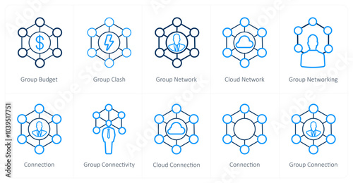 A set of 10 web marketing icons as group budget, group clash, group network