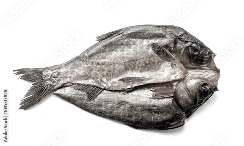 A fish is cut in half and is laying on a white background