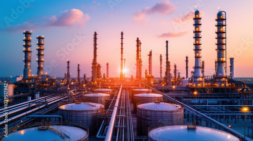 Aerial view of vast oil refinery at sunset, showcasing towering smokestacks and storage tanks. scene captures industrial landscape with vibrant colors and intricate details, evoking sense of scale