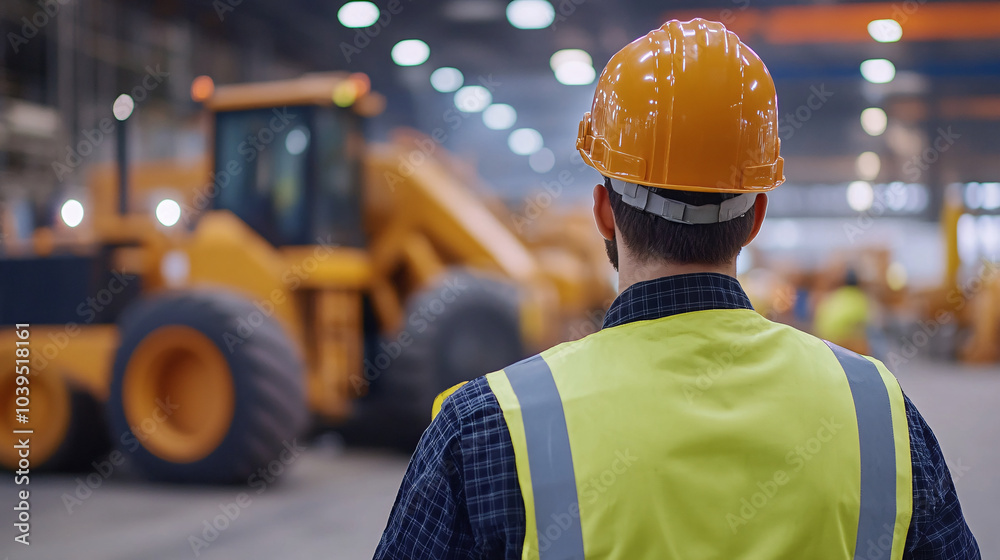 Construction Worker in Yellow Hardhat and Safety Vest Standing in a Factory Construction Worker in Yellow Hardhat and Safety Vest Standing in a Factory