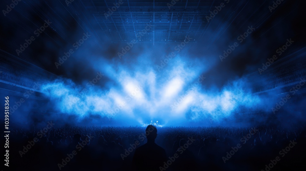 Fototapeta premium crowd at a concert or event with blue lighting and smoke