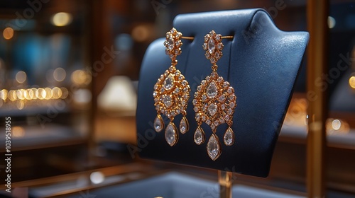 Antique gold earrings shimmering diamond accents suspended from a minimalist jewelry stand in a luxury boutique showcasing fine craftsmanship photo