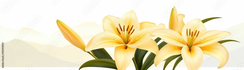 Obraz premium Two yellow flowers with green stems and leaves. The flowers are in the foreground and the background is a mountain range
