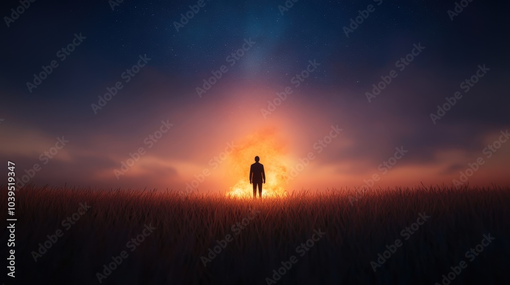 silhouette of a person standing in a field at sunset silhouette of a person standing in a field at sunset