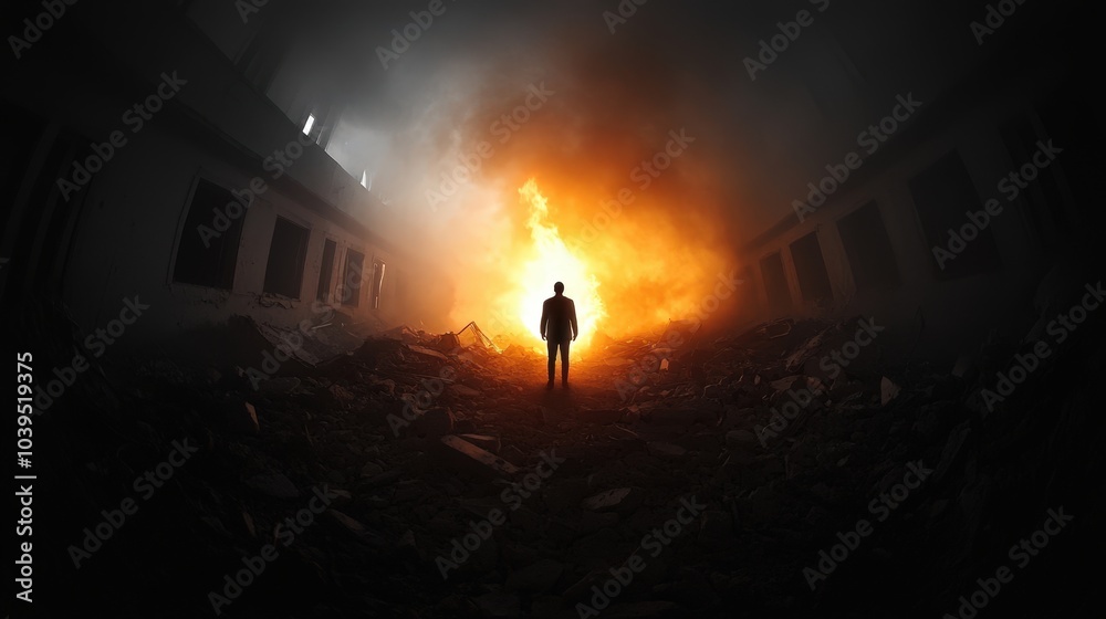 Fototapeta premium Silhouette of a person standing in a post-apocalyptic landscape