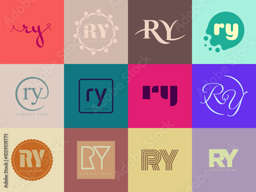 RY logo company template. Letter r and y logotype. Set different classic serif lettering and modern bold text with design elements. Initial font typography.