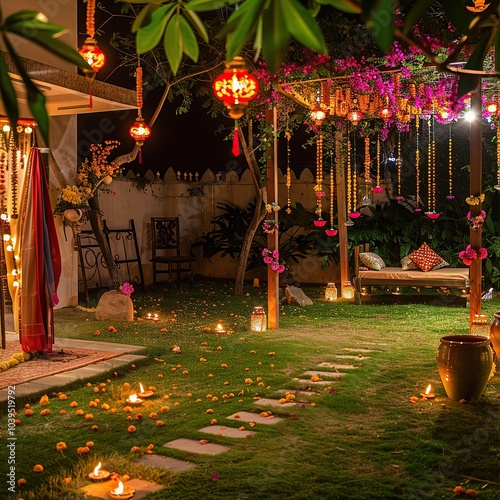 Peaceful Garden Area Decorated with Diwali Diyas, Hanging Lanterns, and Fresh Flowers for Outdoor photo