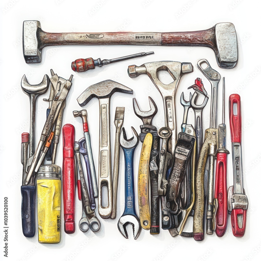 A collection of various hand tools arranged for practical use and organization. A collection of various hand tools arranged for practical use and organization.