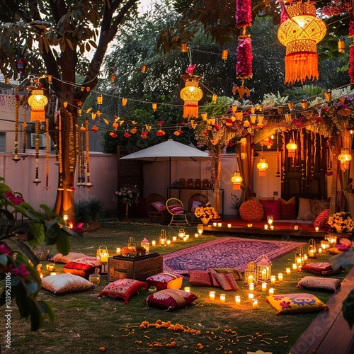 Peaceful Garden Area Decorated with Diwali Diyas, Hanging Lanterns, and Fresh Flowers for Outdoor photo