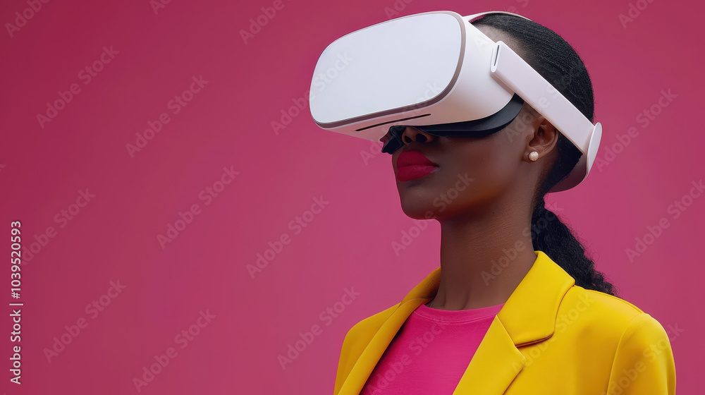 Immersed in technology, African woman wears virtual reality headset against vibrant pink background, showcasing intersection of culture and innovation Immersed in technology, African woman wears virtual reality headset against vibrant pink background, showcasing intersection of culture and innovation