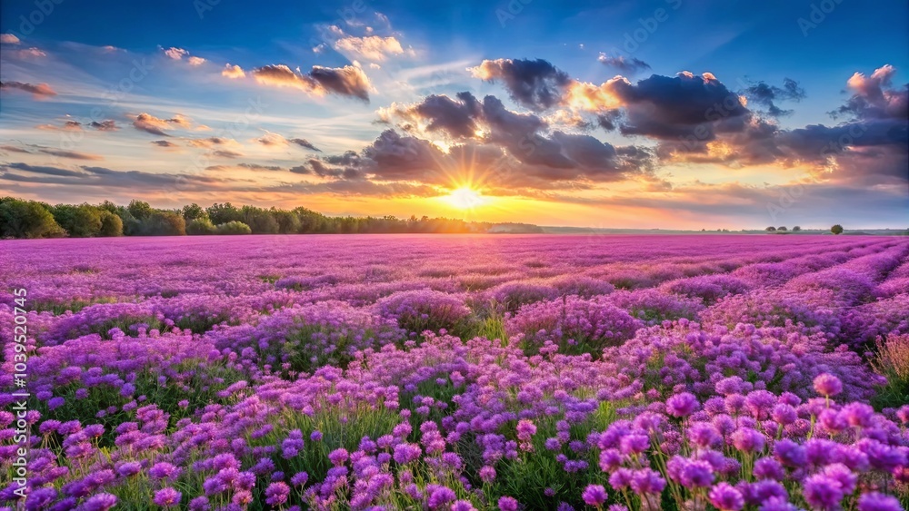 Fototapeta premium A boundless expanse of vibrant purple blooms bathed in the golden glow of a breathtaking sunset, a symphony of color and light in nature's grand canvas.