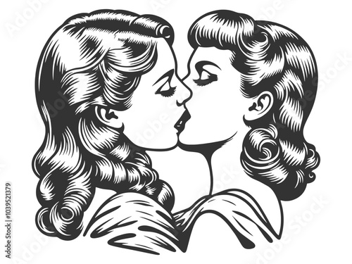 women kissing, embracing each other with flowing hair, expressing intimacy and romance sketch engraving generative ai vector illustration. Scratch board imitation. Black and white image.