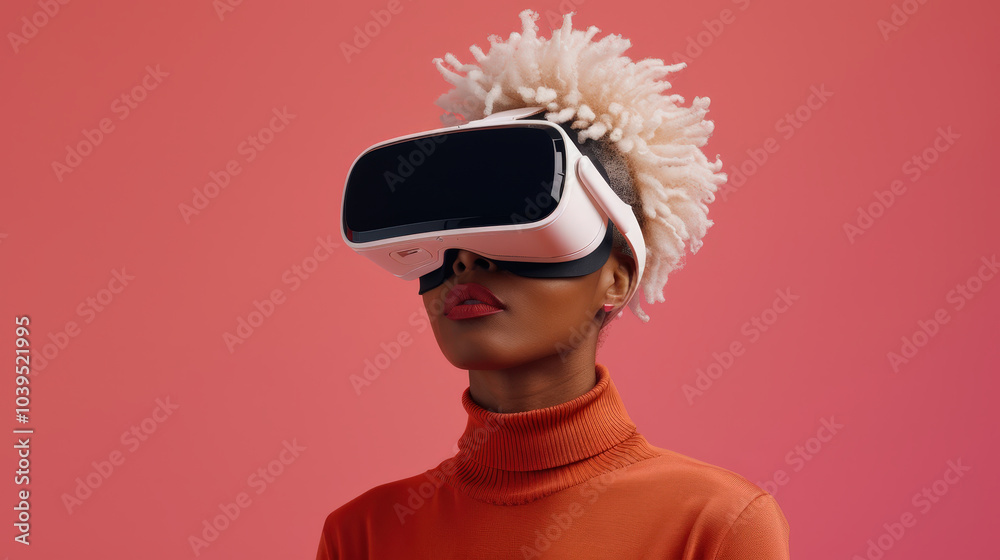 Immersed in technology, African woman wears VR headset, showcasing future of virtual experiences. Her vibrant orange turtleneck contrasts beautifully with pink background Immersed in technology, African woman wears VR headset, showcasing future of virtual experiences. Her vibrant orange turtleneck contrasts beautifully with pink background