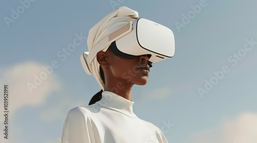 woman wearing virtual reality technology, immersed in digital experience, showcasing innovation and modernity. Her expression reflects curiosity and engagement